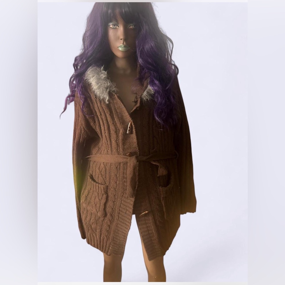Jon & Anna Brown Cable Knit Cardigan with Faux Fur Collar